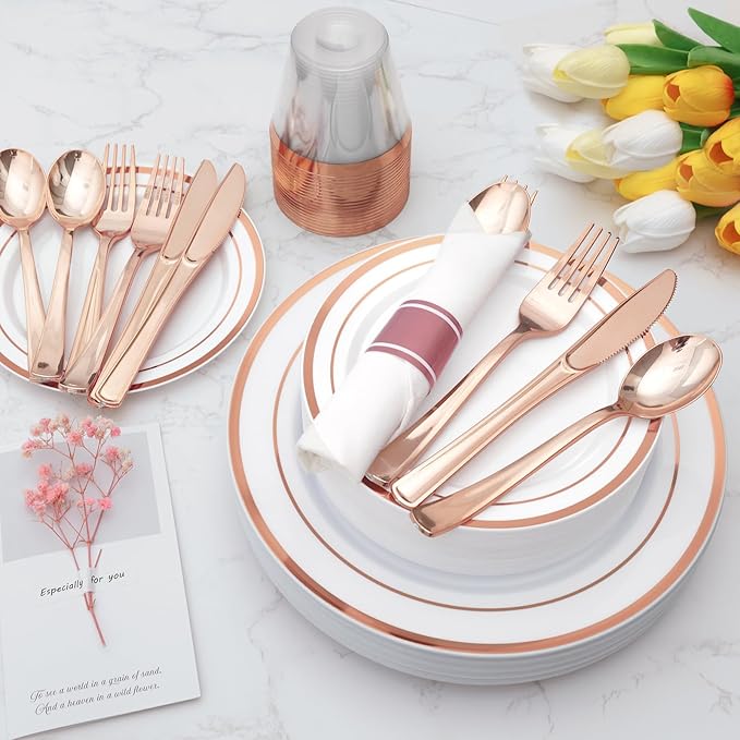 Goodluck 700 Piece Rose Gold Plastic Dinnerware Set for 100 Guests, Disposable Plates for Party, Include: 100 Dinner Plates, 100 Dessert Plates, 100 Pre Rolled Napkins with Silverware, 100 Cups