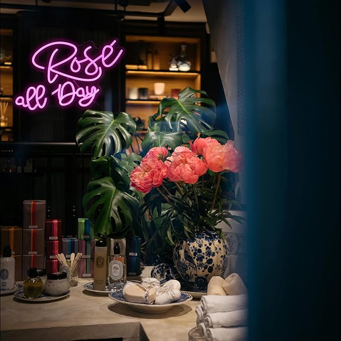 Rose All Day Neon Sign LED Pink Rose Neon Light For Wall Decor Dimmable USB Words Light Up Sign for Bedroom Wedding Party Atmosphere Decor Lovers Gift(12.2 * 16.1 In)