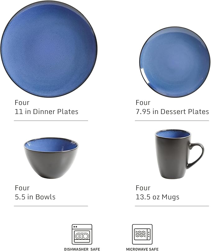 Gibson Elite Soho Lounge Round Reactive Glaze Stoneware Dinnerware Set, Service for 4 (16pc), Blue, Soho Round.