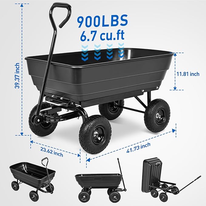Yesker Garden Carts - 900lbs Dump Wagon with All Terrain Inflatable Wheels for Yard Lawn Farms Gardening - Heavy Duty Utility Outdoor Hauling Wheelbarrow