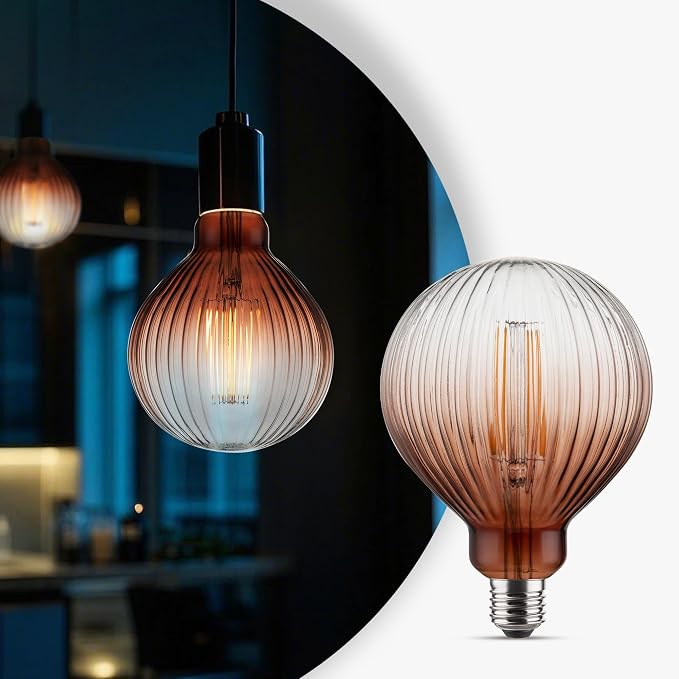 G125 Edison LED Bulb,4W Dim E26,2200K Gradient Brown Striated Glass | Large Globe Decorative Light Bulbs, Warm Ambient Glow, Dim, Match Lamps For Restaurant, Bar & Household Living Space