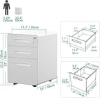 YITAHOME 3-Drawer Metal Mobile File Cabinet, Rolling Filing Cabinet with Lock, Filing Cabinet Under Desk fits Legal/A4 Size for Home/Office, Fully Assembled,White