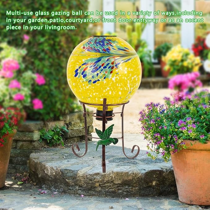 10" Diameter Solar Gazing Ball and 8.5" Metal Stand Indoor Outdoor Glass Globe Sphere Yard Art Ornament Solar Gazing Balls for Garden,Lawn,Porch,Patio Gardening Gift for Women(Yellow)