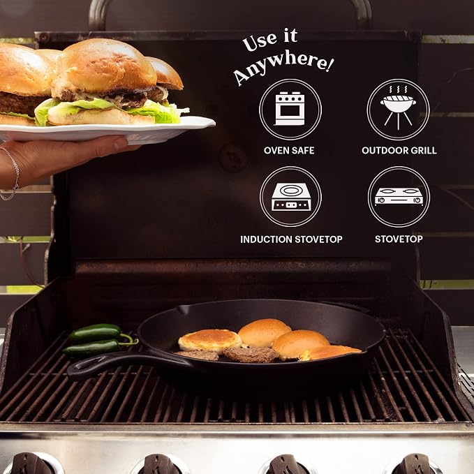 Cast Iron Skillet + Pan Scraper - 15"-Inch Pre-seasoned Frying Pan + Heat-Resistant Silicone Handle Grip - Oven-Safe Kitchen Cookware - Indoor/Outdoor Use - Camping, Grilling, BBQ, Open Fire Safe