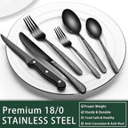 EWFEN 24-Piece Black Silverware Set with Steak Knives, Black Flatware Set for 4, Food-Grade Stainless Steel Tableware Cutlery Set, Mirror Finished Utensil Sets for Home Restaurant, Round Hammered