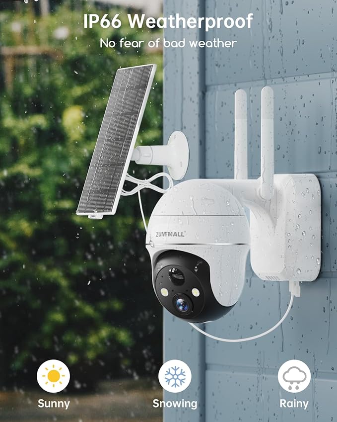 ZUMIMALL Security Cameras Wireless Outdoor - 2 Packs, 360°View Outdoor Camera Wireless Solar Powered,2.4G WiFi, Spotlight/Siren//3MP Color Night Vision/AI Detection/IP66/Cloud/Alert, Work with Alexa
