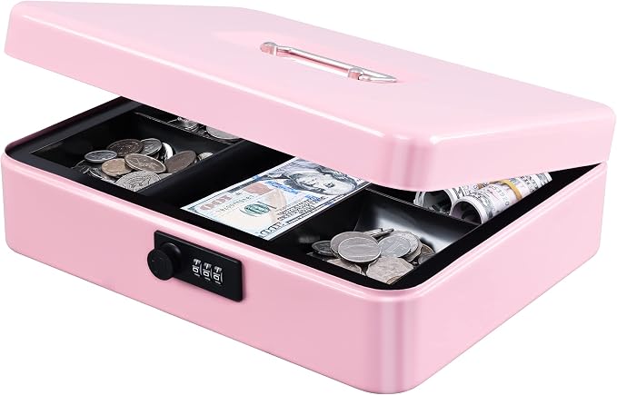 KYODOLED Metal Cash Box with Combination Lock Money Box for Cash Safe Metal Box with Money Tray for Security Lock Box 11.81"x 9.45"x 3.54" Pink X Large