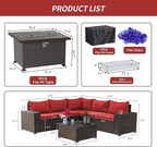 Kullavik 7 Pieces Outdoor Patio Furniture Set with 43" 55000BTU Gas Propane Fire Pit Table PE Wicker Rattan Sectional Sofa Patio Conversation Sets,Dark Red