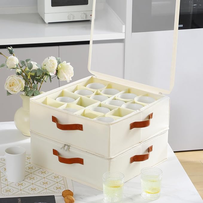 Foyego Cup and Mug Storage Box, Beige | 16 Adjustable Dividers, Hard Shell, with Transparent Lid, 3 Handles, Zippers, Stackable Storage Organizers for Packing&Moving