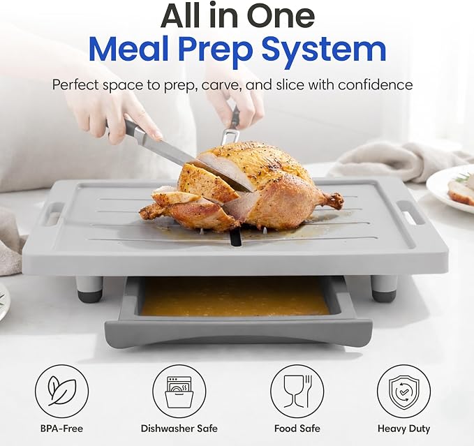Karving King XL Deluxe Cutting Board - Spikes, Drip Tray & Meat Thermometer