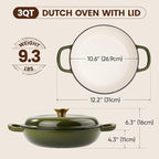 Vintage Style 3 Quart Enameled Cast Iron Braiser, Non Stick Enameled Cast Iron Skillet with Lid, Dutch Oven Skillet with lid up to 500°F for Oven, Stove, Grill, Shallow Dutch Oven for Cook, Bake (Golden Green)