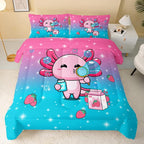 Kawaii Axolotl Comforter,Pink Salamander Comforter Set for Kids Teens Girls,3Pcs Bedding Set Printed Comforter with 2 Pillowcases,Down Alternative,Soft and Lightweight(Pink，Twin Size)
