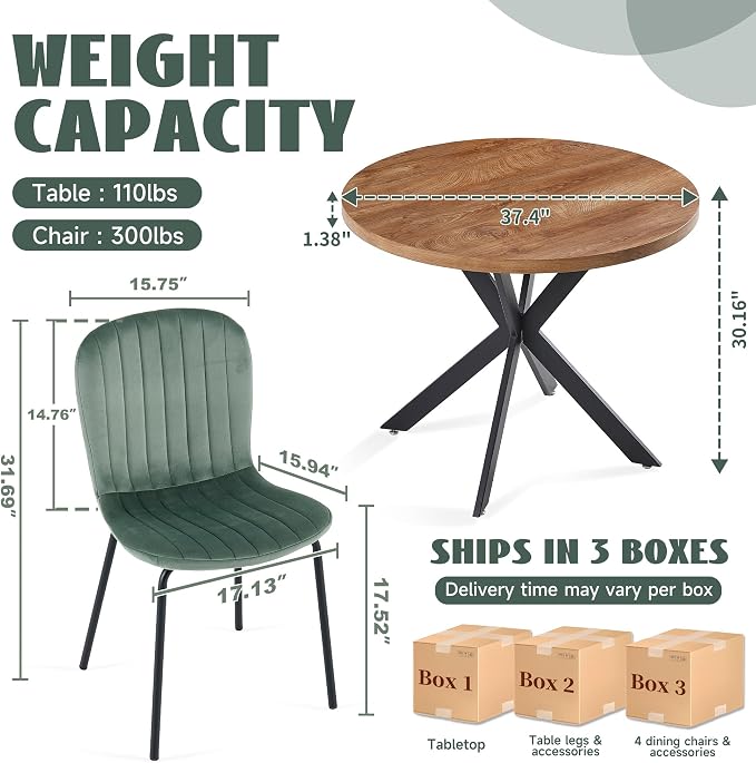 37 Inch Round Dining Table Set for 4, Modern Small Circle Kitchen Coffee Set for Apartment Living Room Office, Save Space(1 Imitation Wooden Table + 4 Green Velvet Chairs)