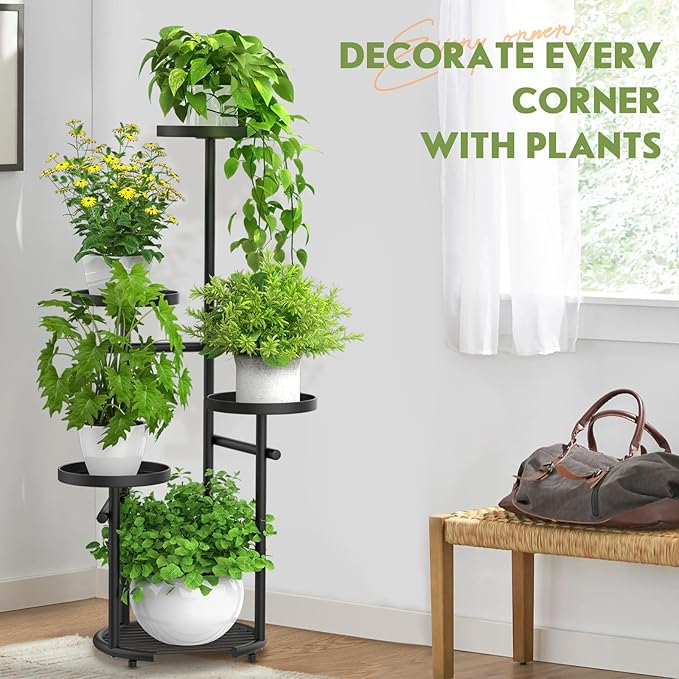 TOSKING 5 Tier Tall Plant Stand Indoor Outdoor, Heavy Duty Corner Plant Stand with Space-Saving Plant Shelf for Multiple Plants| Round Plant Table Design for Living Room Balcony Garden (Black, 38in)