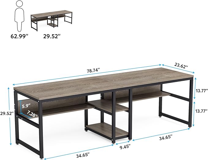 Tribesigns Two Person Desk with Bookshelf, 78.7 Computer Office Double Desk for Two Person, Rustic Writing Desk Workstation with Shelf for Home Office (Grey)