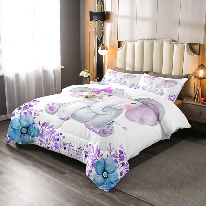 Kids Elephant Bedding Set Cute Animal Comforter Set Queen For Girls Boys Kawaii Room Decor, Flower Branches Duvet Sets Cartoon Elephant With Floral Down Comforter With 2 Pillow Cases, Purple Blue