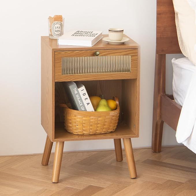 AWASEN Mid Century Nightstand, Bedside Table with Glass Storage Drawer and Large Open Shelf, Modern Night Stand Side End Table with Solid Legs for Bedroom, and Small Space, Brown
