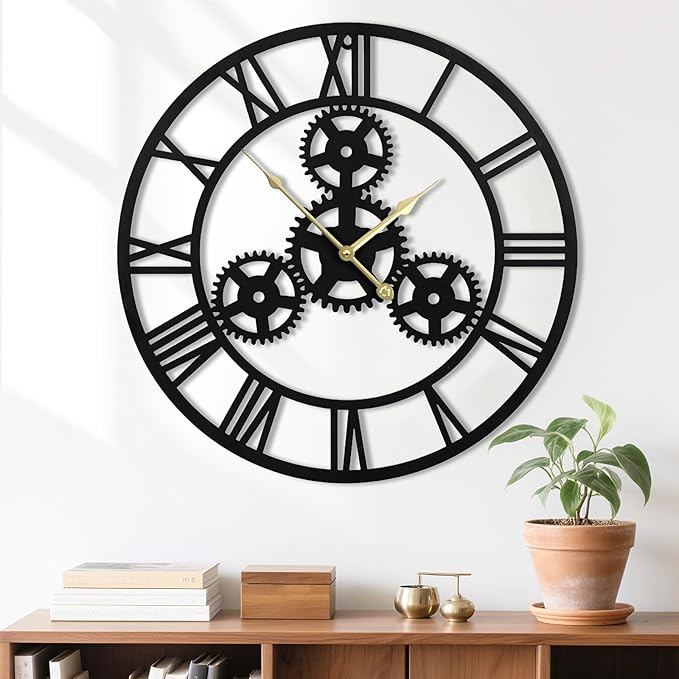 24inches/60cm Wall Clocks for Living Room Deco Non Ticking Silent Battery Operated Metal Modern Vintage Roman Numeral Oversized Gear Wall Clocks for Bedroom Kitchen Fireplace Office Farmhouse