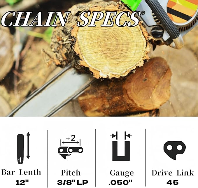 2PC 12 Inch Chainsaw Chains for Greenworks 40V 20262 20292 2000219, 20082A Chainsaw, 12" Replacement Chain for Echo 2511T/271T, Sun Joe SWJ698E 9A and Craftsman, Husqvarna - 3/8"LP .050" 45DL