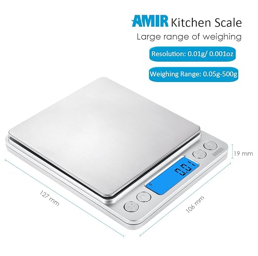 (Upgraded) AMIR Digital Kitchen Scale, 500g Mini Pocket Jewelry Scale, Food Scale, Coffee Scale, Back-Lit LCD Display, 2 Trays, 6 Units, Auto Off, Tare, PCS, Stainless Steel (Batteries Included)