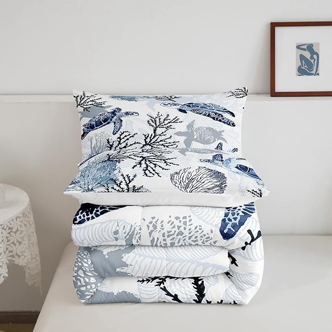 Turtle Comforter Set Twin,White Blue Hawaiian Turtle Bedding for Kids,Reptile Tortoise Quilt Duvet Set Coastal Beach Theme Comforter Retro Sea Turtle Bed Set for Boys Girls Bedroom Decor(Marine life)