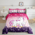 Unicorn Comforter Set Full Glitter Bedding Set Cherry Blossoms Duvet Insert Kids Cartoon Kawaii Animal Down Comforter Ombre Galaxy Stars Fantasy Girls Room Decor Quilt Set Aesthetic Pink Purple