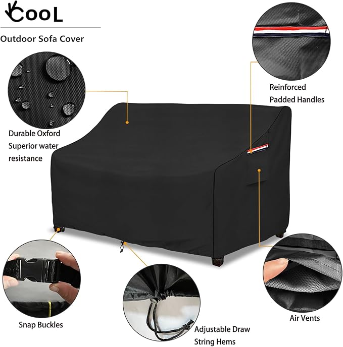 okcool Heavy Duty Patio Sofa Cover, 100% Waterproof 2-Seater Outdoor Sofa Cover Fits up to 58W x 32.5D x 31H Inches, Lawn Patio Furniture Covers,Black