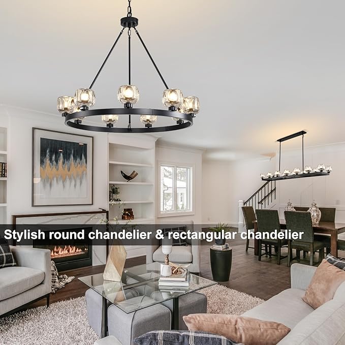 Black Wagon Wheel Chandelier, 36 Inch Black Chandeliers with Unique Glass Shade, 9-Light Crystal Farmhouse Wagon Wheel Chandeliers for Dining Room, Round Chandelier for Living Room, Foyer, Entryway