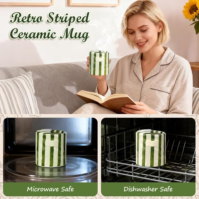 Retro Ceramic Coffee Mug with Sip Hole, Handmade Cute Espresso Cup 10oz | Hand Painted Striped Ceramic Iced Coffee Tea Travel Mug Latte Cup for Kitchen Dining Office, Holiday Gift for Her Him