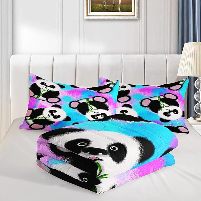 Panda Comforter Queen Size,Neon Panda Comforter Set for Kids Teens Girls Boys,3Pcs Bedding Set Printed Comforter with 2 Pillowcases,Down Alternative,Soft and Lightweight，Queen Size