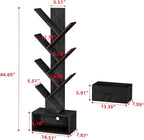 Egepon 6-tier Tree Bookshelf with Drawer Black Book Shelf Storage Rack Floor Standing Bookcase for CDs Movies Books Multifunctional Organizer Shelves for Home Office Living Room Bedroom