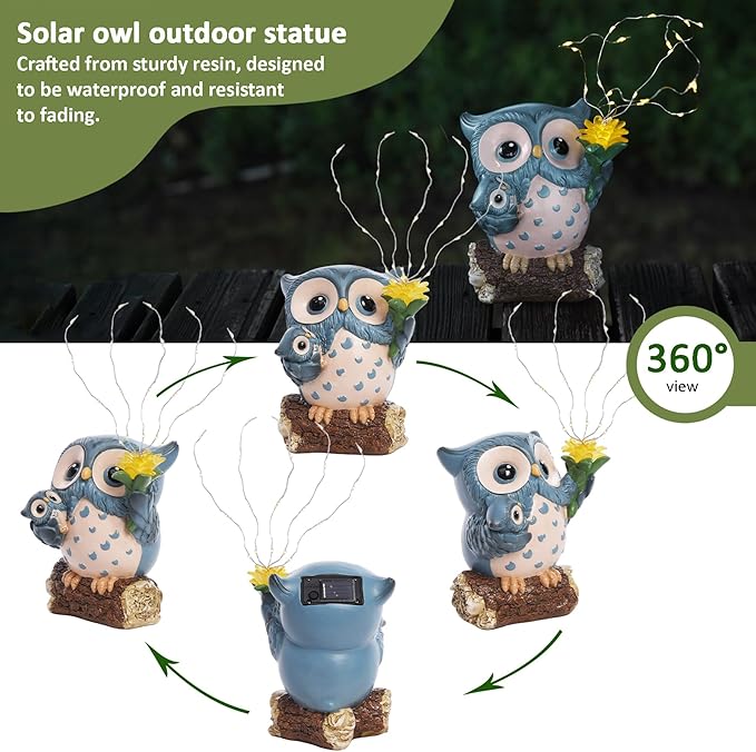 Solar Garden Statues Outdoor Decor, Fairy Owl Statue Garden Decor, Resin Yard Decorations Outdoor for Patio, Porch, Balcony, Lawn Ornaments, House Warming Birthday Gifts for Mom Women Grandma