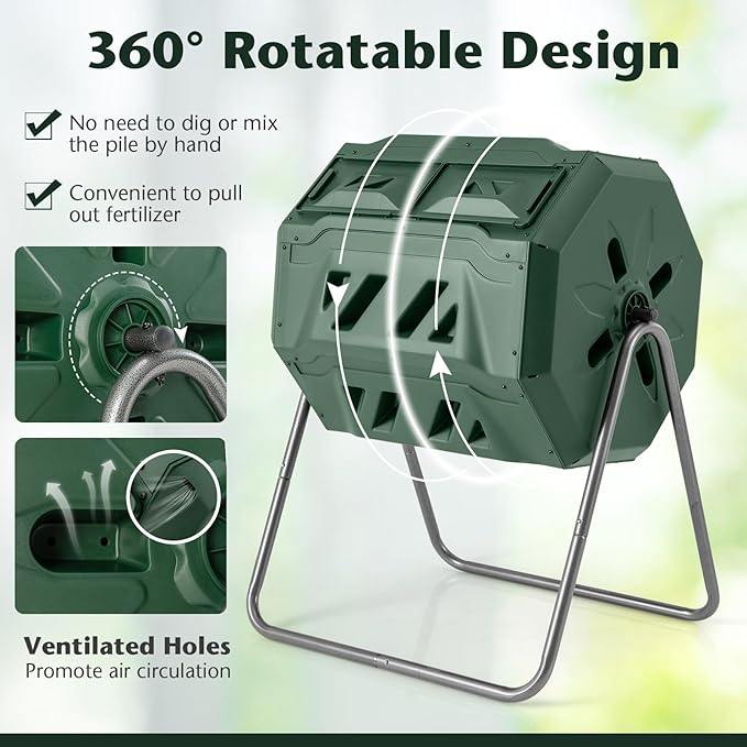 Goplus Compost Bin, Outdoor 42-Gal Dual Chamber Composting Tumbler w/2 Sliding Doors, Heavy-Duty Metal Frame, 360° Rotatable Tumbling Composter, BPA-Free Compost Tumbler for Kitchen Garden Yard Waste