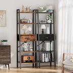 Furologee 5 Tier BookShelf, Ladder Shelf with Drawer, Tall Bookcase Corner Shelf, Narrow Shelf Industrial Display Standing Units for Home Office, Living Room, Bedroom, Kitchen, Black Oak