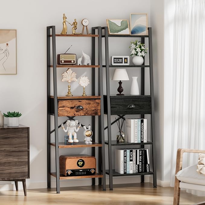 Furologee 5 Tier BookShelf, Ladder Shelf with Drawer, Tall Bookcase Corner Shelf, Narrow Shelf Industrial Display Standing Units for Home Office, Living Room, Bedroom, Kitchen, Black Oak