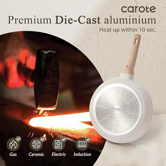 CAROTE Non Stick Frying Pan, 10 Inch White Granite Skillet with Glass Lid | Non Toxic Kitchen Healthy Cookware, Compatible with All Stovetop, Easy to Clean, PFOA Free