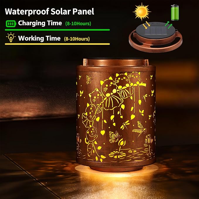 Solar Lanterns Garden Decor Birthday Gifts for Women Mon Grandma Metal Hanging Solar Lights Waterproof Outdoor Decoration for Outside LED Lanterns for Yard Patio Lawn (Cat)