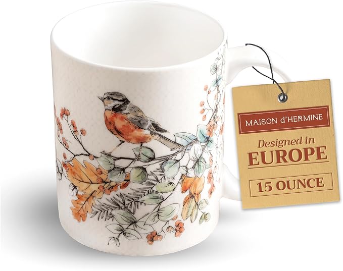 Maison d' Hermine Coffee Mug with Handles Tea Cups (15 Ounce, Pack of 1) | Fine Bone China Coffee Mugs for Hot Beverages Cappuccino Latte Home Spring Summer -Whitish Shabby Chique - Winter Berries