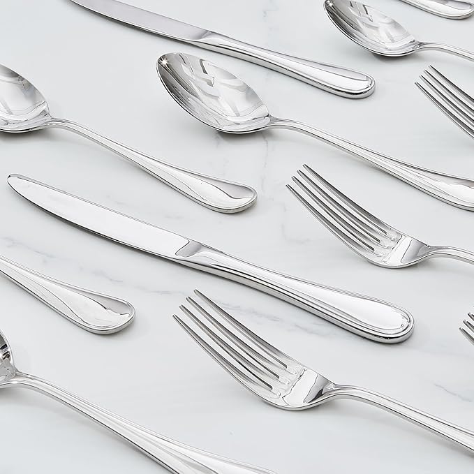 KINGSTONE 24 Piece Teardrop Silverware Set with Steak Knives, 18/10 Stainless Steel Flatware Set for 4, Modern Design Cutlery Set for Home/Hotel/Wedding,Mirror Polished and Dishwasher Safe