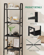 Ladder Shelf, Bookshelf Bookcase, Freestanding Corner Storage Shelve with 2 Hooks for Home Office, Living Room, Kitchen, Bedroom, Industrial, 5-Tier Black BC19204B