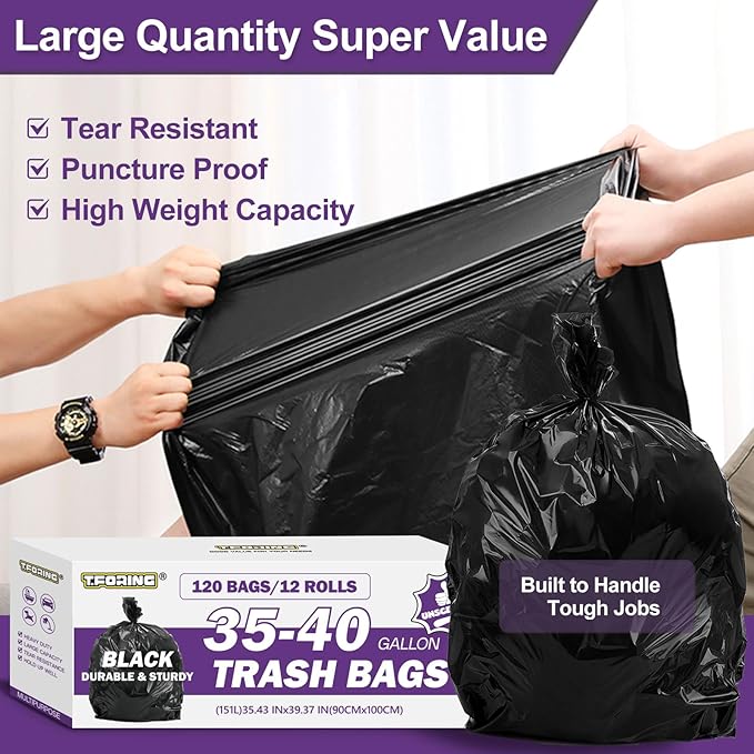 35-40 Gallon Black Trash Bags 120 Count - 35" x 40" Large Garbage Bags, 30+ Gallon Strong Trash Can Liners for Home, Commercial Use,Yard Waste, Bulk
