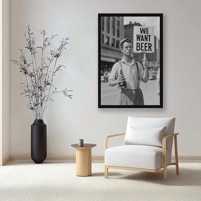 UXCBIA We Want Beer Protest, Black And White, Vintage Prohibition Art, Man Cave Poster Canvas Poster Bedroom Decor Sports Landscape Office Room Decor Gift Black Frame 12x18in(30x45cm)
