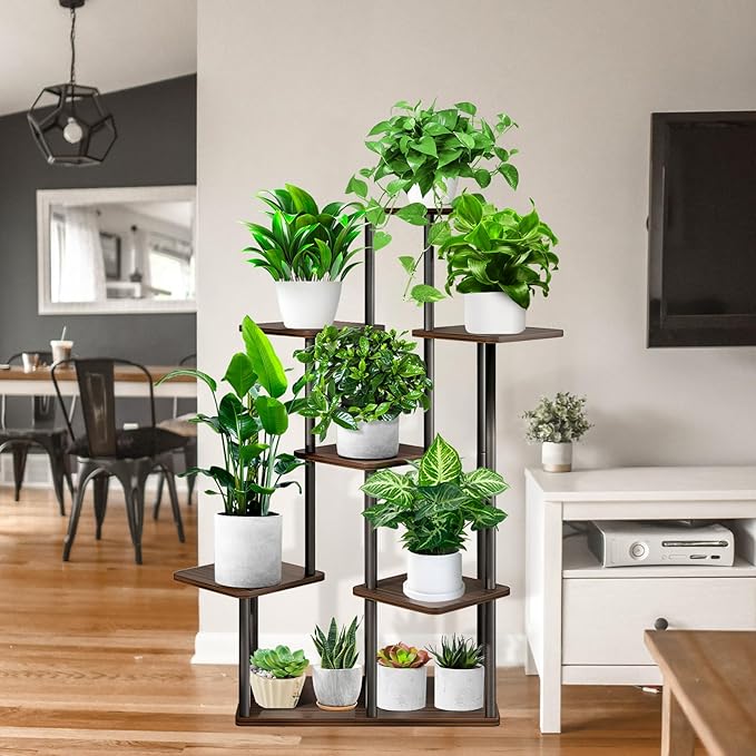 7 Tier Wood Tall Plant Stand Metal Rack Indoor, Multiple Flower Pot Holder Shelves Corner Rack, Planter Shelf Display Rack Storage Organizer for Patio Living Room Balcony Garden(Black Oak)