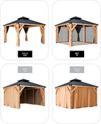 GAOMON Hardtop Spruce Wood Gazebo 12'x12', with Double Roof of Metal Sheets, 4.7'' Heavy Duty Poles, Gray Net, and Curtain, Permanent Building for Patio, Deck, Backyard, Lawn, and Garden, Khaki