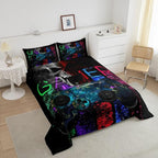 Gamer Bedding Sets for Boys, Gaming Down Comforter Queen Size, Gamer Room Decor Bedding Kids Video Games Comforter Set, Sugar Skull Gamepad Duvet Sets for Men Bedroom,with 2 Marble Pillow Sham