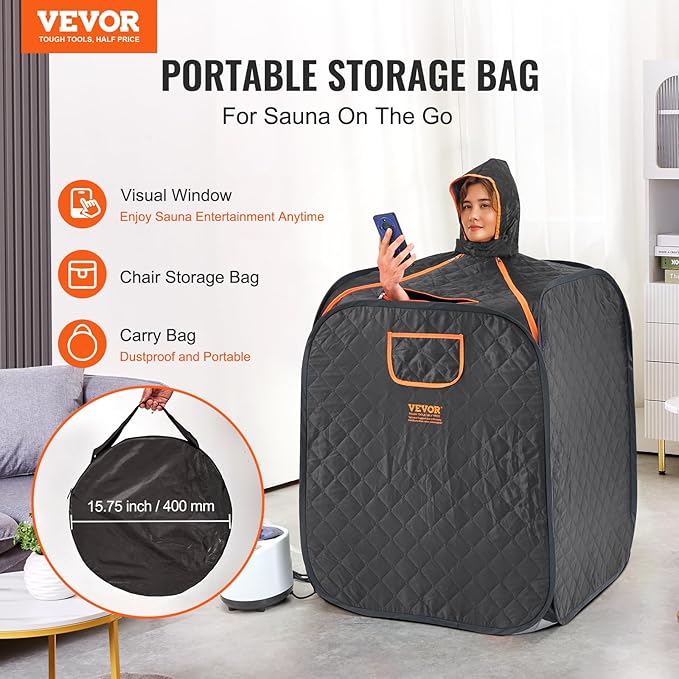 VEVOR Portable Personal Steam Sauna Spa Tent with 1200 Watt Steam Generator, with Chair & Storage Bag, Home Therapeutic Sauna Blanket for Detox Relaxation, Time & Temperature Remote Control, Black