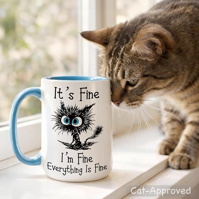 Funny Black Cat Coffee Mug, 15oz I Am Fine Everything's Fine Mug | Microwave & Dishwasher Safe, Gag Gift for Cat Lovers, Large Ceramic Mug, Double-Sided Print