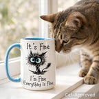 Funny Black Cat Coffee Mug, 15oz I Am Fine Everything's Fine Mug | Microwave & Dishwasher Safe, Gag Gift for Cat Lovers, Large Ceramic Mug, Double-Sided Print
