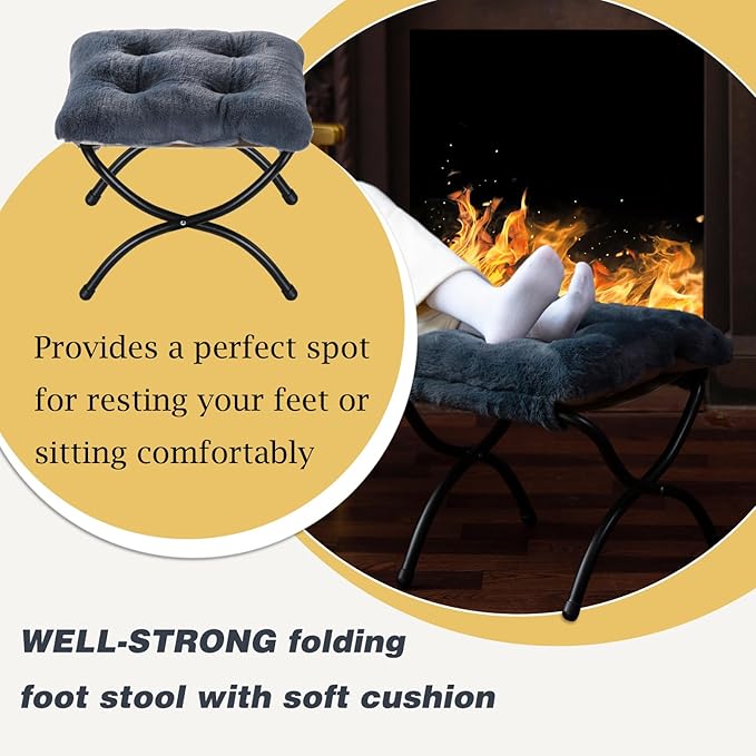 15" Foldable Foot Stool Ottoman with Metal Frame - Washable Faux Fur Navy Upholstered Indoor/Outdoor Footrest for Living Room, Bedroom, Patio - Space-Saving Compact Design