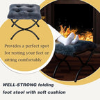 15" Foldable Foot Stool Ottoman with Metal Frame - Washable Faux Fur Navy Upholstered Indoor/Outdoor Footrest for Living Room, Bedroom, Patio - Space-Saving Compact Design